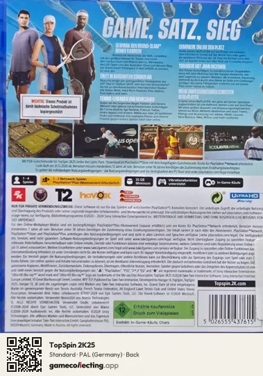 TopSpin 2K25 PlayStation 5, Germany box back