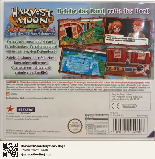 Harvest Moon: Skytree Village Nintendo 3DS, Germany box back