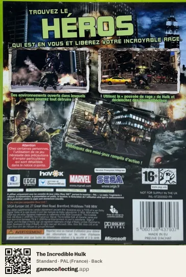 The Incredible Hulk Xbox 360, France box back