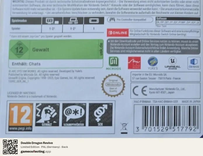 Double Dragon Revive Nintendo Switch, Germany box back