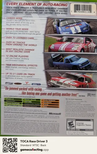 TOCA Race Driver 3 Xbox, NTSC box back