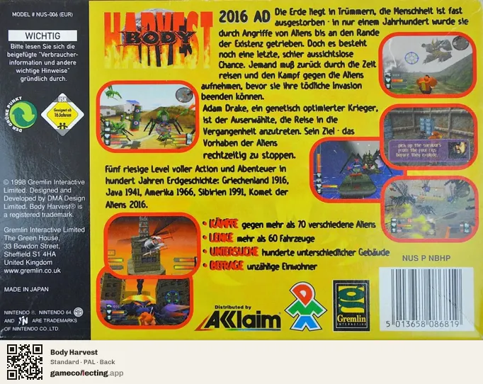 Body Harvest Nintendo 64, PAL box back