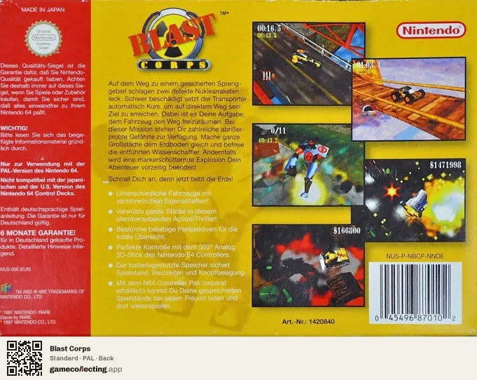 Blast Corps Nintendo 64, PAL box back