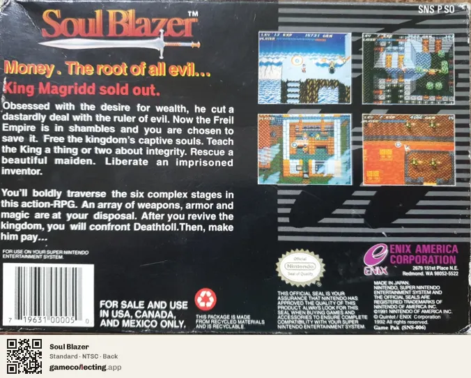 Soul Blazer Super Nintendo Entertainment System, NTSC box back