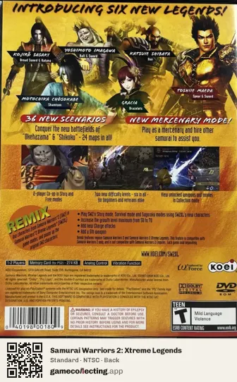 Samurai Warriors 2: Xtreme Legends PlayStation 2, NTSC box back