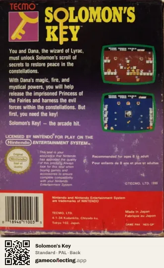 Solomon's Key Nintendo Entertainment System, PAL box back