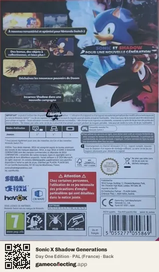 Sonic X Shadow Generations Nintendo Switch 2, France box back