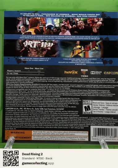 Dead Rising 2 Xbox One, NTSC box back