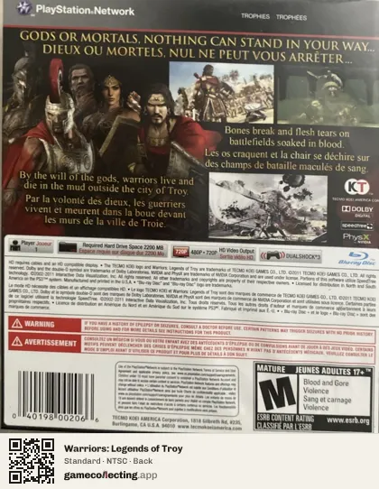 Warriors: Legends of Troy PlayStation 3, NTSC box back