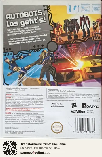 Transformers Prime: The Game Nintendo Wii, Germany box back