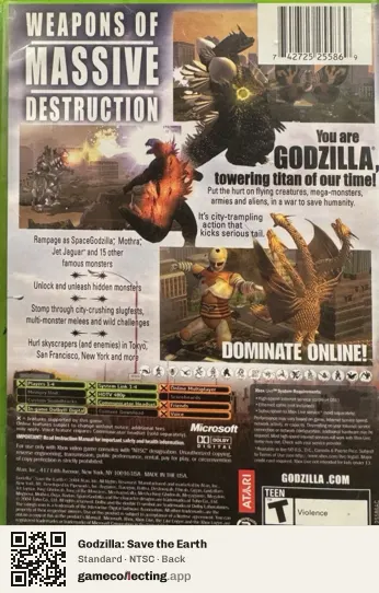 Godzilla: Save the Earth Xbox, NTSC box back