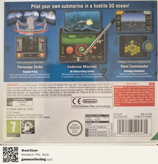 Steel Diver Nintendo 3DS, PAL box back