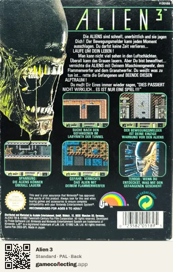 Alien 3 Nintendo Entertainment System, PAL box back