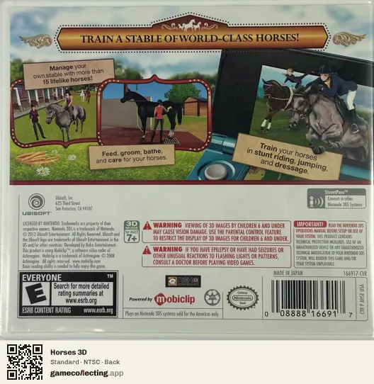 Horses 3D Nintendo 3DS, NTSC box back