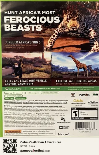 Cabela's African Adventures Xbox 360, NTSC box back