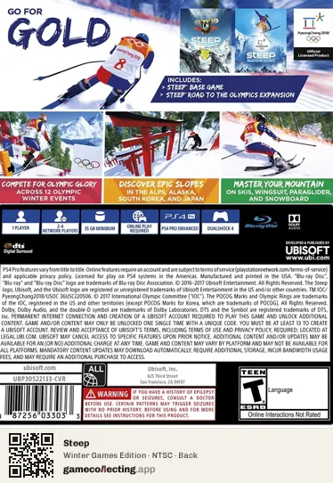 Steep PlayStation 4, NTSC box back