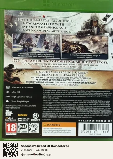 Assassin's Creed III Remastered Xbox One, PAL box back