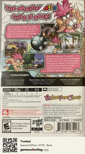 Tomba! Nintendo Switch, NTSC box back