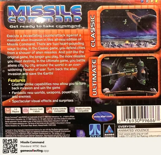 Missile Command PlayStation, NTSC box back
