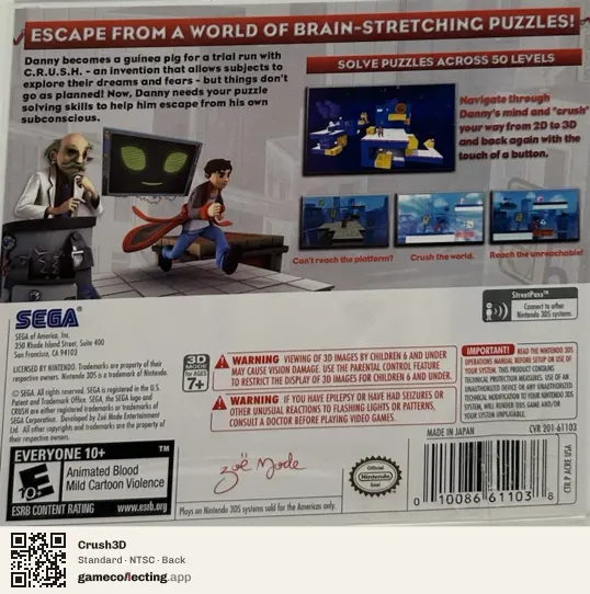 Crush3D Nintendo 3DS, NTSC box back