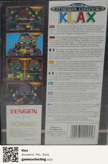 Klax Sega Mega Drive / Genesis, PAL box back