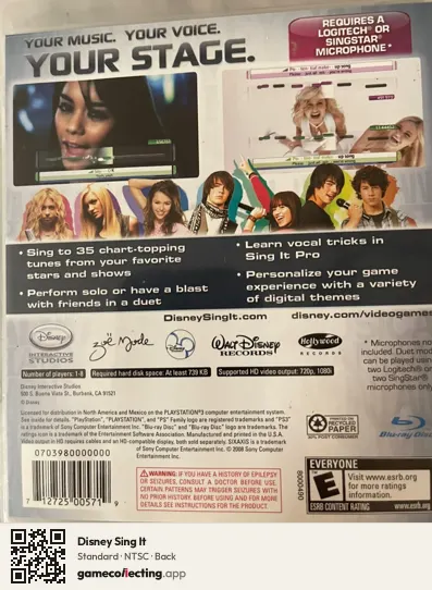 Disney Sing It PlayStation 3, NTSC box back