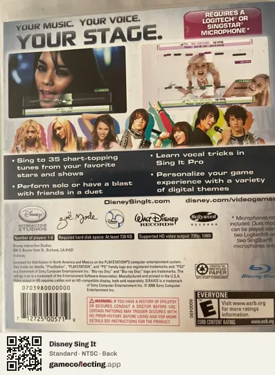 Disney Sing It PlayStation 3, NTSC box back