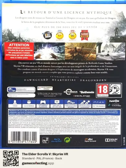 The Elder Scrolls V: Skyrim VR PlayStation 4, France box back
