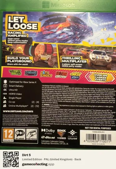 Dirt 5 Xbox One, United Kingdom box back