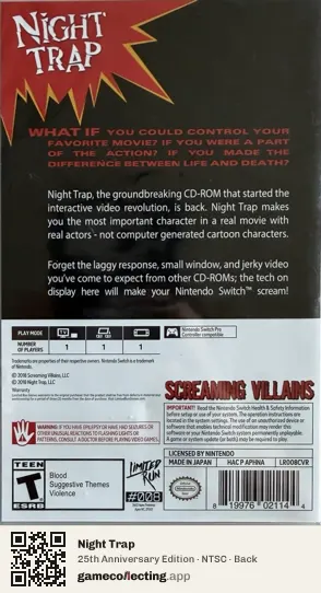 Night Trap Nintendo Switch, NTSC box back