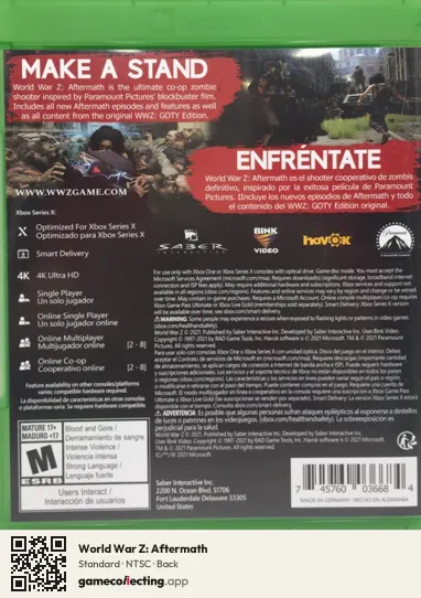 World War Z: Aftermath Xbox Series X, NTSC box back