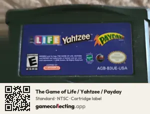 The Game of Life / Yahtzee / Payday Game Boy Advance, NTSC cartridge label
