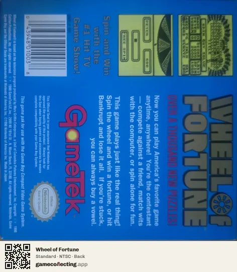 Wheel of Fortune Game Boy, NTSC box back