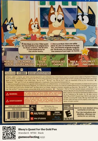 Bluey's Quest for the Gold Pen PlayStation 4, NTSC box back