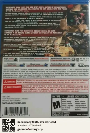 Supremacy MMA: Unrestricted PlayStation Vita, NTSC box back