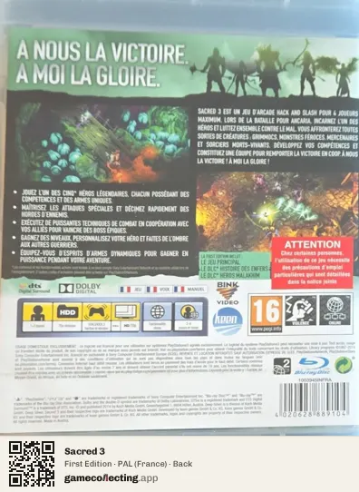 Sacred 3 PlayStation 3, France box back