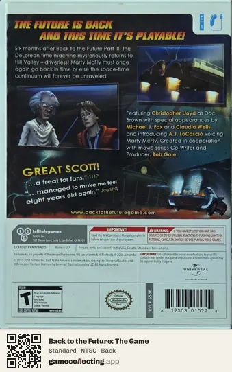 Back to the Future: The Game Nintendo Wii, NTSC box back