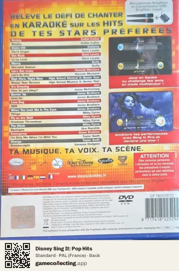 Disney Sing It: Pop Hits PlayStation 2, France box back