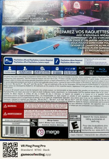 VR Ping Pong Pro PlayStation 4, NTSC box back