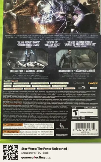 Star Wars: The Force Unleashed II Xbox 360, NTSC box back