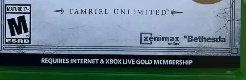 The Elder Scrolls Online: Tamriel Unlimited, the ESRB box on its front