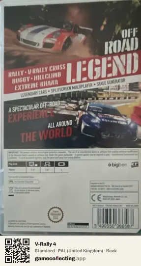V-Rally 4 Nintendo Switch, United Kingdom box back
