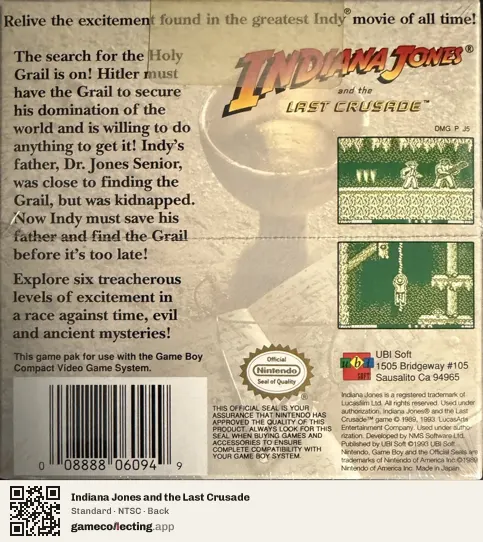 Indiana Jones and the Last Crusade Game Boy, NTSC box back