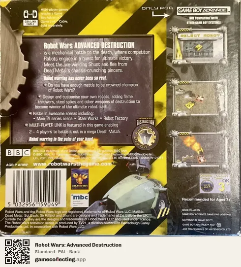 Robot Wars: Advanced Destruction Game Boy Advance, PAL box back