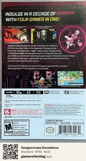 Danganronpa Decadence Nintendo Switch, NTSC box back