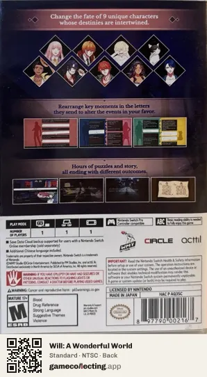 Will: A Wonderful World Nintendo Switch, NTSC box back