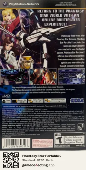 Phantasy Star Portable 2 PlayStation Portable, NTSC box back