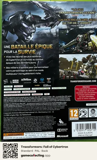 Transformers: Fall of Cybertron Xbox 360, PAL box back
