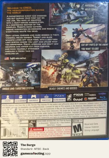 The Surge PlayStation 4, NTSC box back