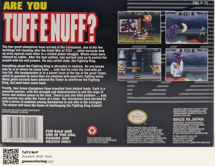 Tuff E Nuff Super Nintendo Entertainment System, NTSC box back